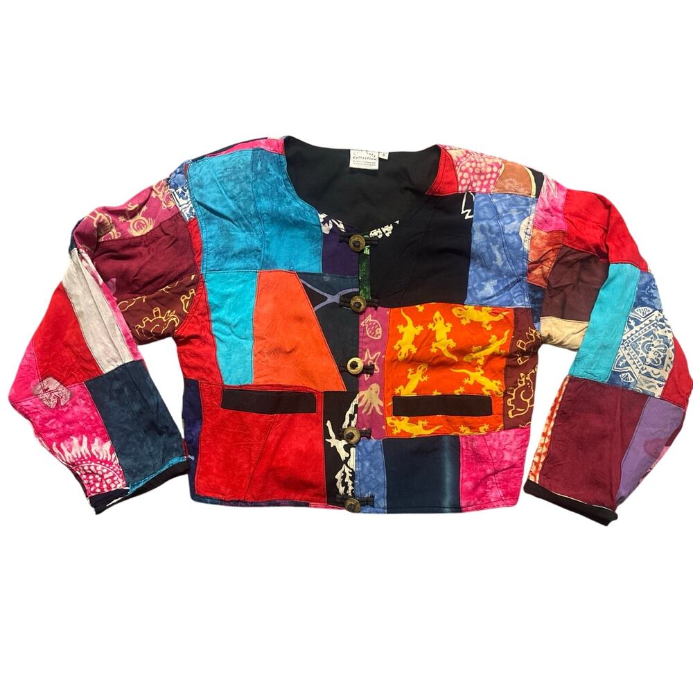 Kosi Bali Vintage 90s Patchwork Multicolor Coin Button Jacket Small Boho Hippie